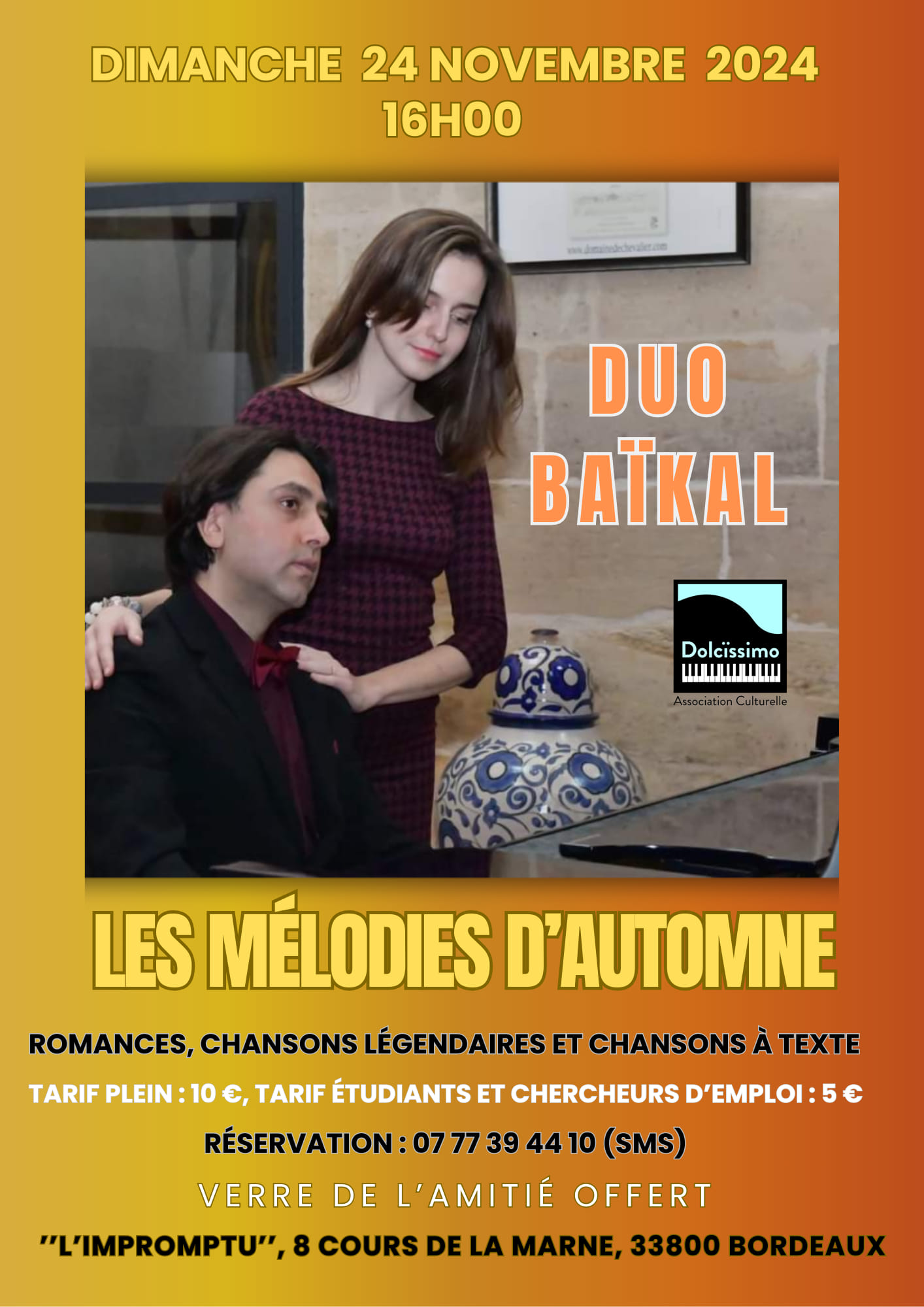 Affiche. Impromptu, Bordeaux. Duo Baïkal. Les mélodies d|automne, par Anastasia Ponomareva et Farhad Khatib Damavandi. 2024-11-24